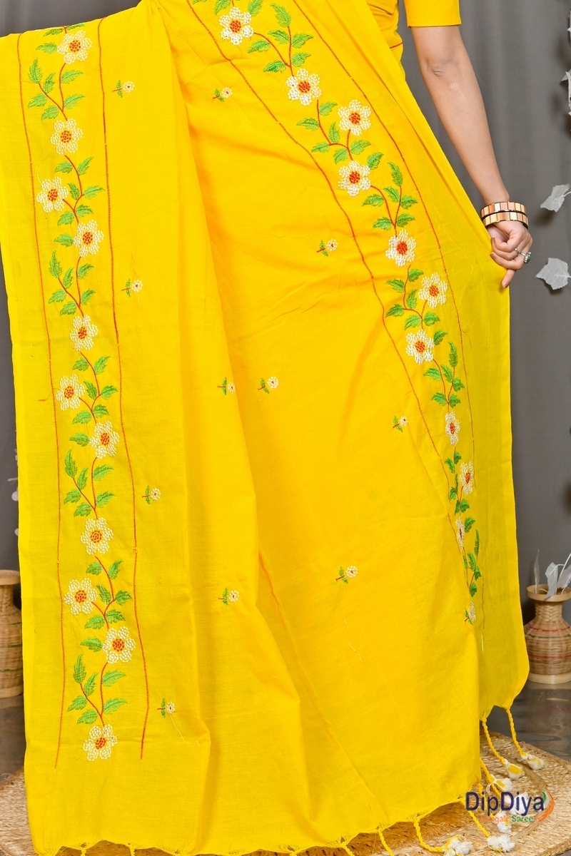Yellow Cotton Blended Paraya Embroidery Handloom saree (304)